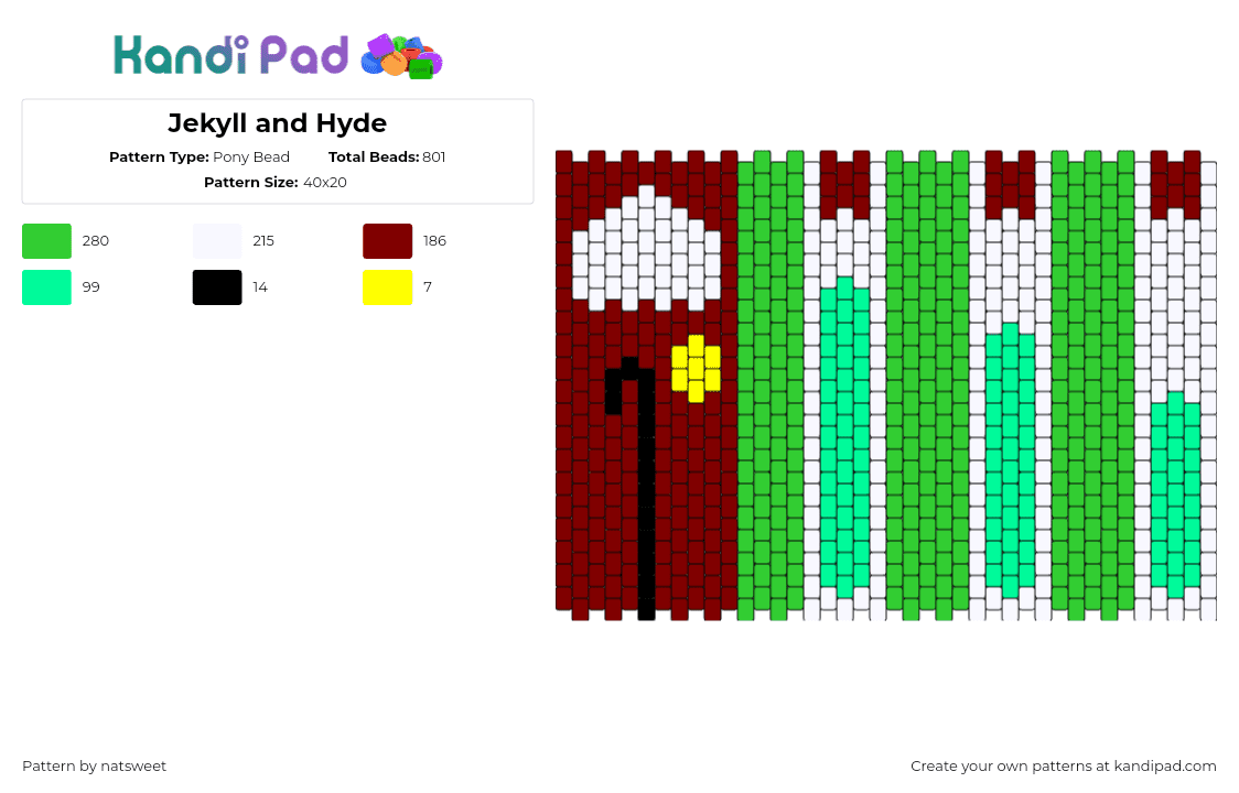 Jekyll and Hyde - Pony Bead Pattern by natsweet on Kandi Pad - doctor jekyll,hyde,test tubes,story,musical,science,green,red,white