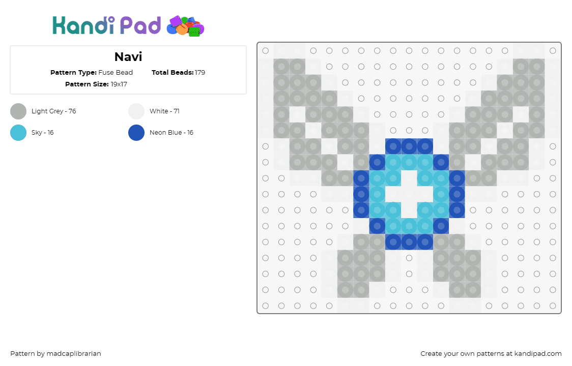 Navi - Fuse Bead Pattern by madcaplibrarian on Kandi Pad - navi,legend of zelda,fairy,video game,winged,light blue,gray