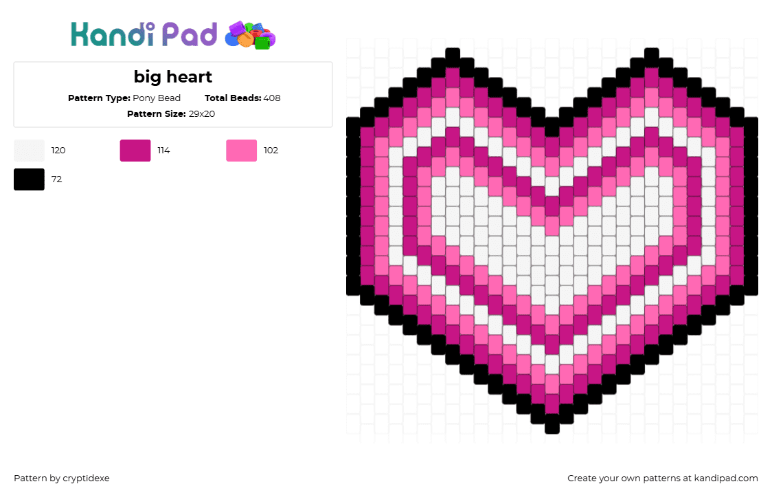 big heart - Pony Bead Pattern by cryptidexe on Kandi Pad - heart,love,valentine,charm,geometric,pink,white