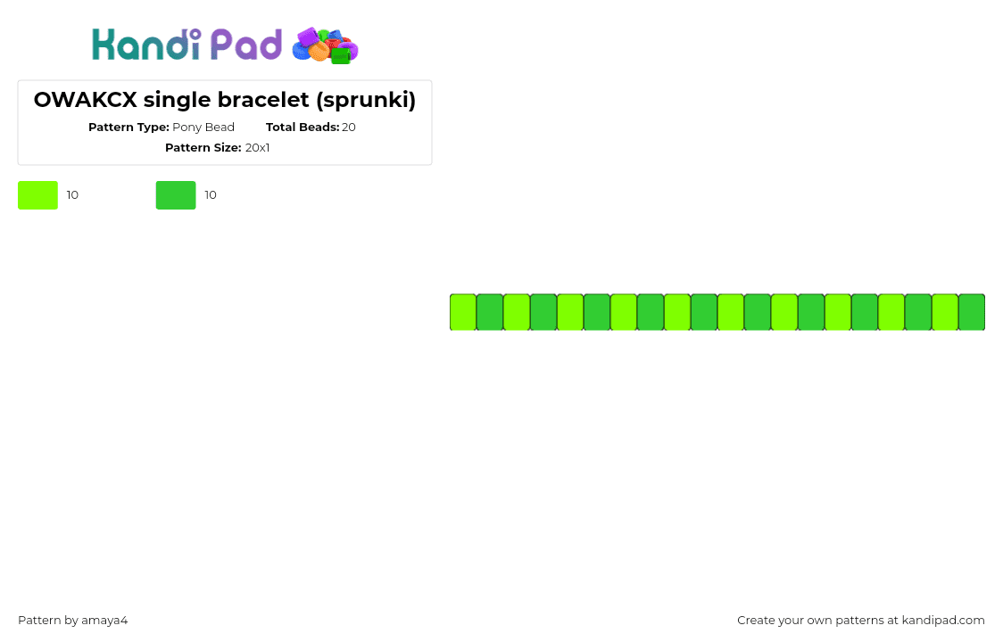 OWAKCX single bracelet (sprunki) - Pony Bead Pattern by amaya4 on Kandi Pad - owakcx,lime,sprunki,incredibox,single,bracelet,video game,green