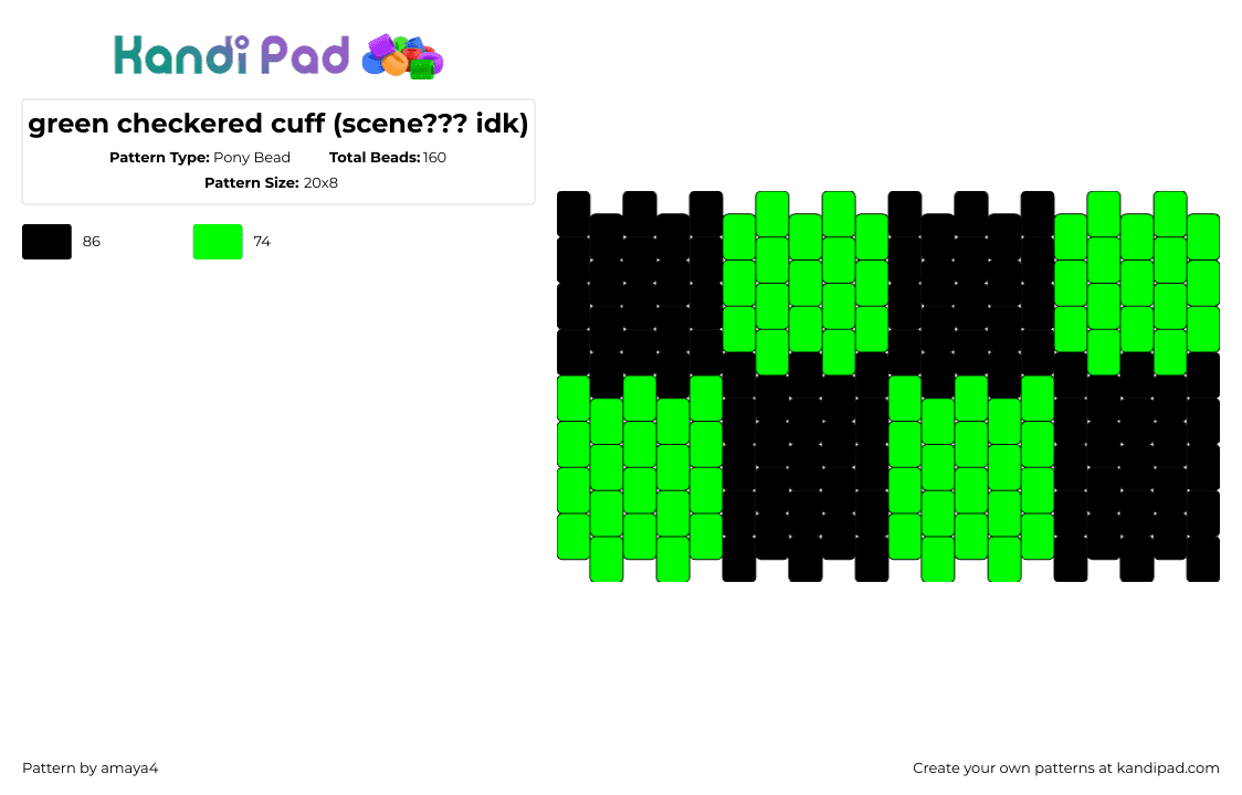 green checkered cuff (scene??? idk) - Pony Bead Pattern by amaya4 on Kandi Pad - checkered,scene,tanjiro kamado,cuff,green,black