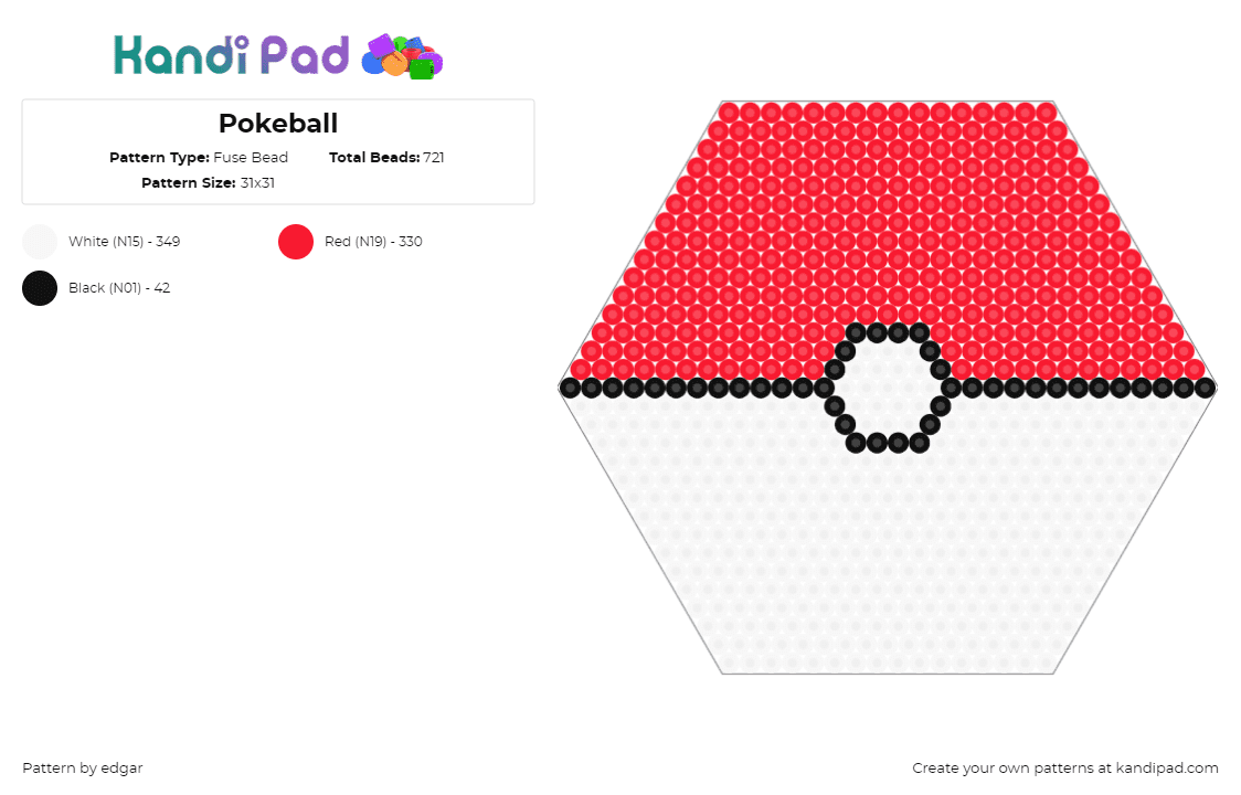 Pokeball - Fuse Bead Pattern by edgar on Kandi Pad - pokeball,pokemon,gaming,red,white