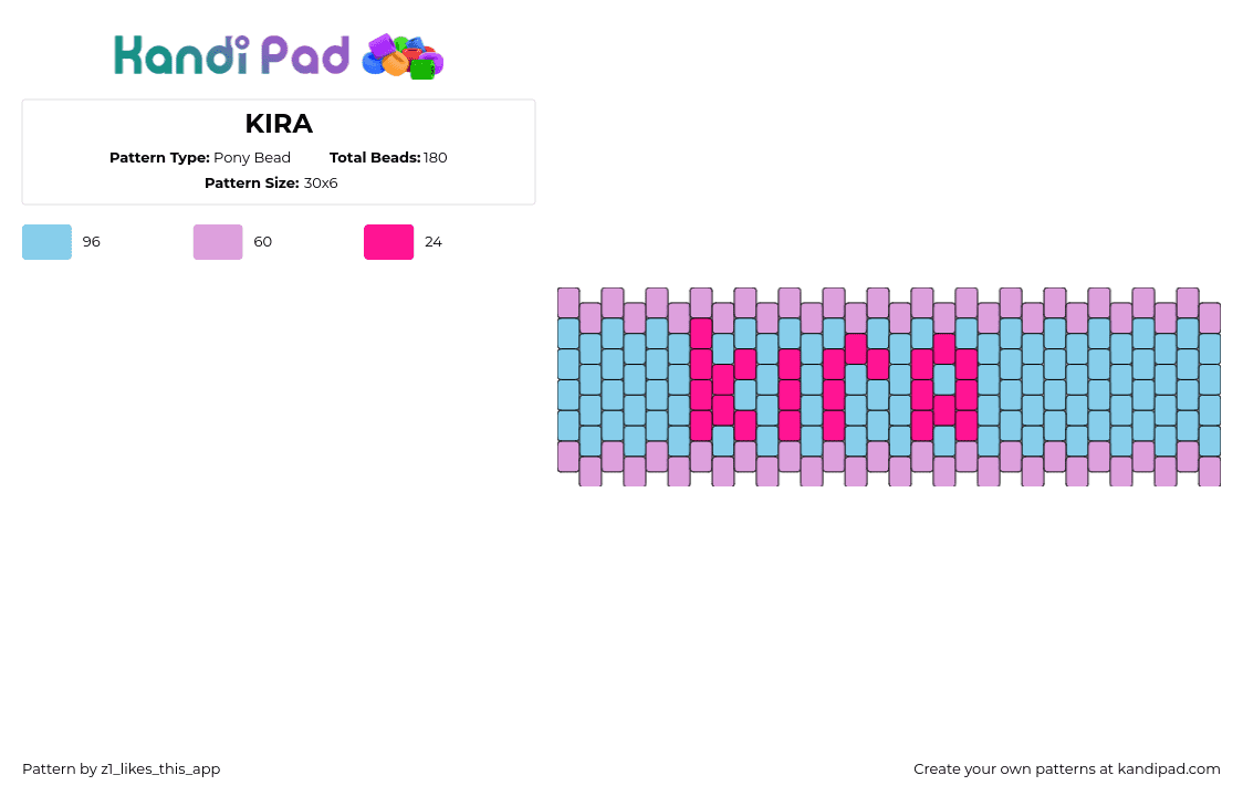 KIRA - Pony Bead Pattern by z1_likes_this_app on Kandi Pad - kira,name,text,cuff,pink,light blue