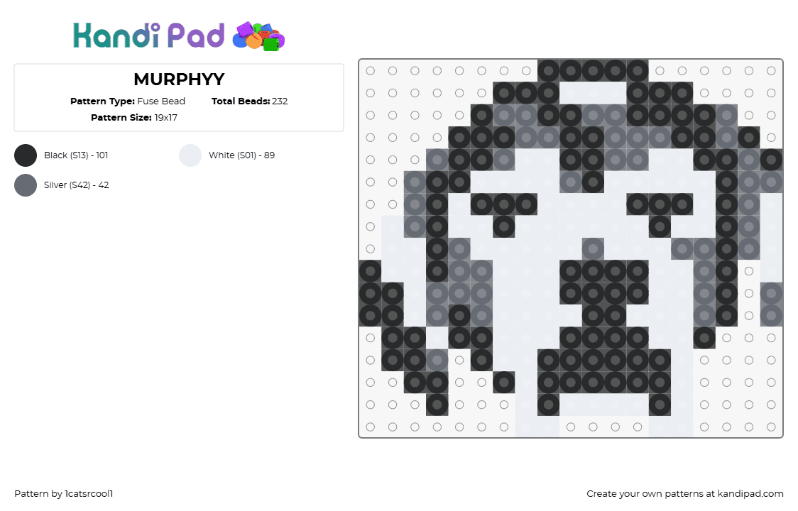 MURPHYY - Fuse Bead Pattern by 1catsrcool1 on Kandi Pad - dog,animal,pet,head,cute,black,white,gray