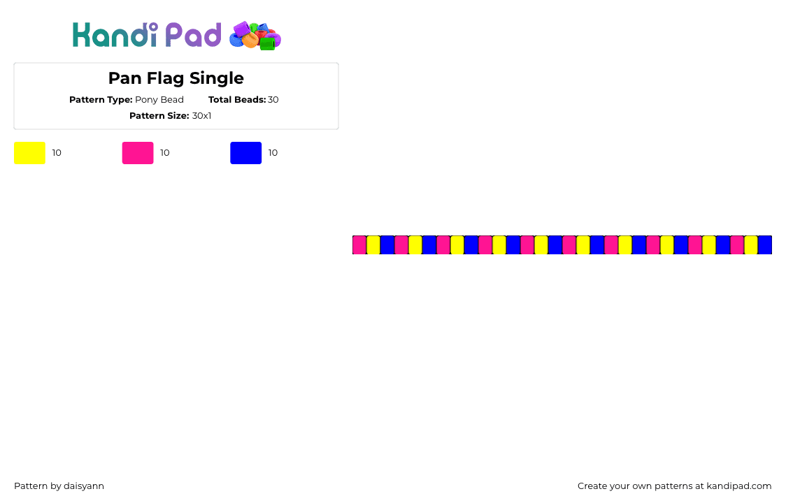 Pan Flag Single - Pony Bead Pattern by daisyann on Kandi Pad - pansexual,pride,single,bracelet,pink,yellow,blue