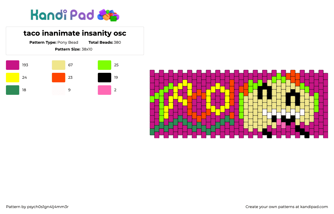 taco inanimate insanity osc - Pony Bead Pattern by psych0s1gn4lj4mm3r on Kandi Pad - taco,inanimate insanity,character,animation,tv show,cuff,pink,tan