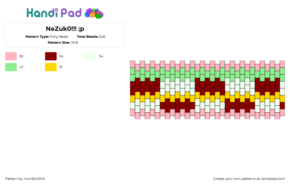 NeZuk0!!! ;p - Pony Bead Pattern by m4ri3sw31rd on Kandi Pad - nezuko kamado,demon slayer,anime,tv show,cuff,red,pink,green,white