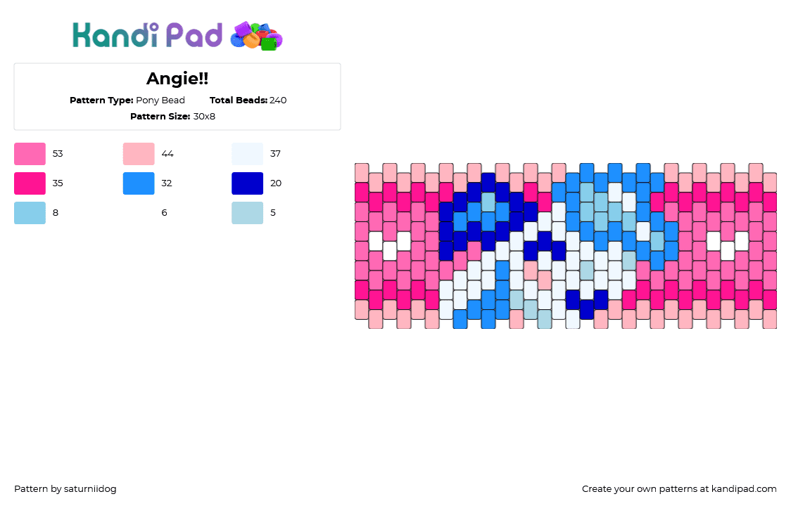 Angie!! - Pony Bead Pattern by saturniidog on Kandi Pad - character,cute,cuff,bright,pink,white,blue