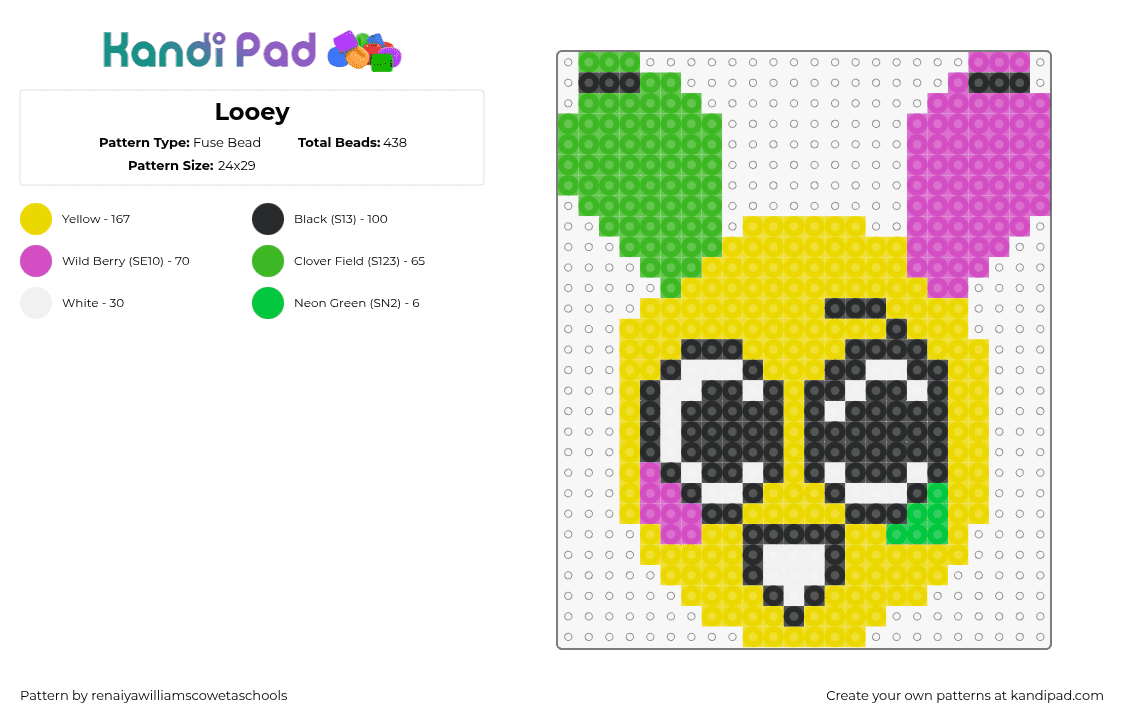 Looey - Fuse Bead Pattern by renaiyawilliamscowetaschools on Kandi Pad - looey,dandys world,character,head,video game,horror,yellow,pink,green