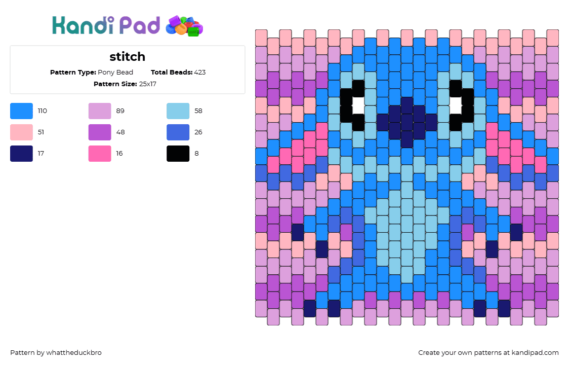 stitch - Pony Bead Pattern by whattheduckbro on Kandi Pad - stitch,lilo and stitch,disney,character,movie,cartoon,animation,cute,blue,purple,pink