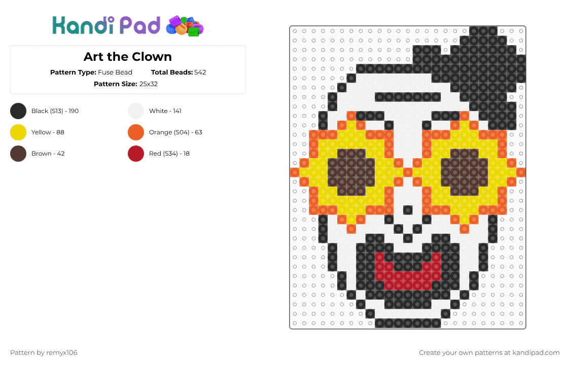 Art the Clown - Fuse Bead Pattern by remyx106 on Kandi Pad - orange,yellow