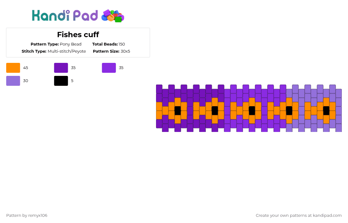 Fishes cuff - Pony Bead Pattern by remyx106 on Kandi Pad - fish,repeating,cuff,fishes,animal,purple,orange