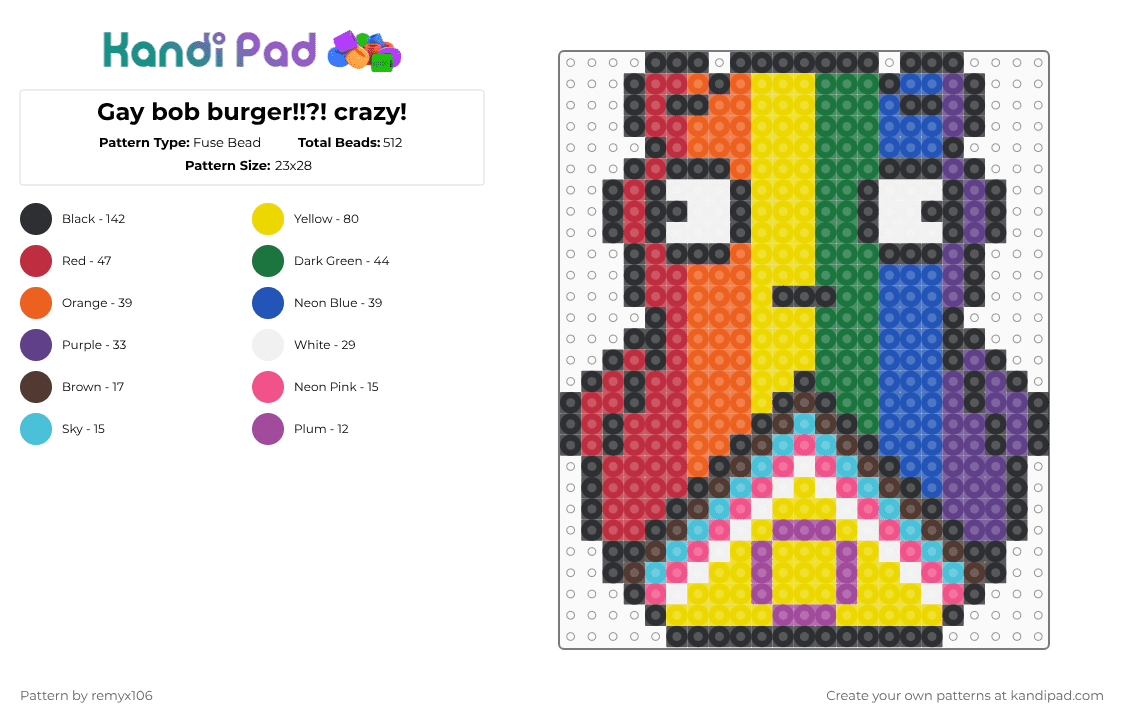 Gay bob burger!!?! crazy! - Fuse Bead Pattern by remyx106 on Kandi Pad - yellow,red,blue,colorful