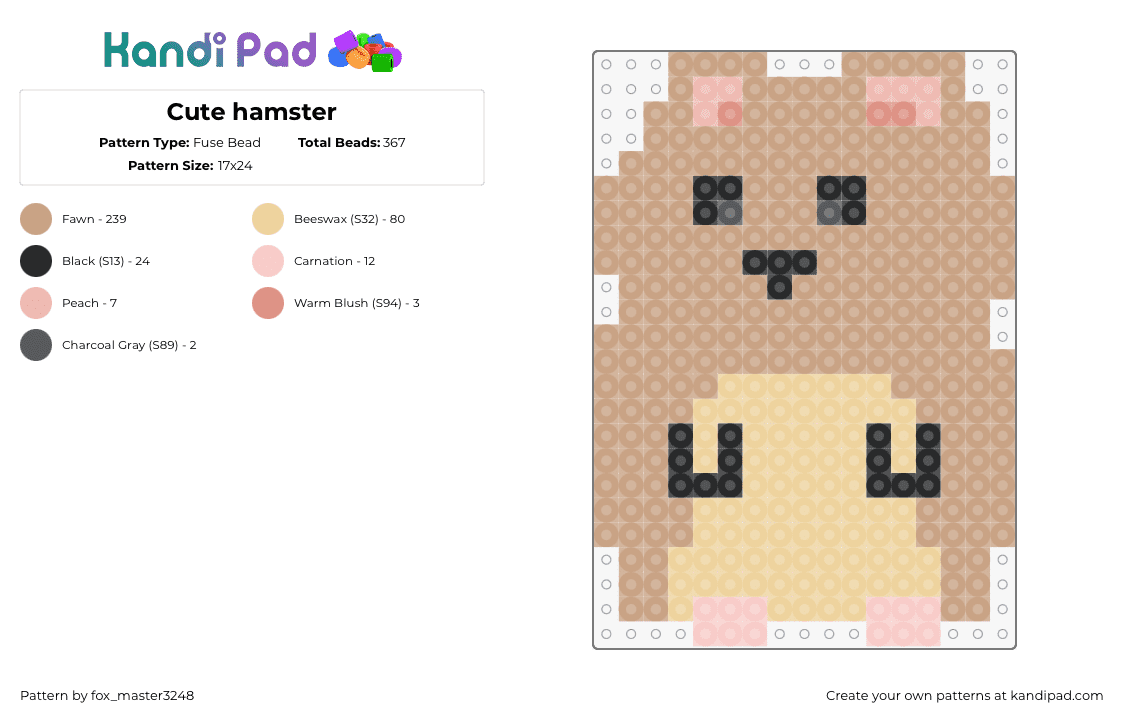 Cute hamster - Fuse Bead Pattern by fox_master3248 on Kandi Pad - hamster,rodent,animal,cute,tan