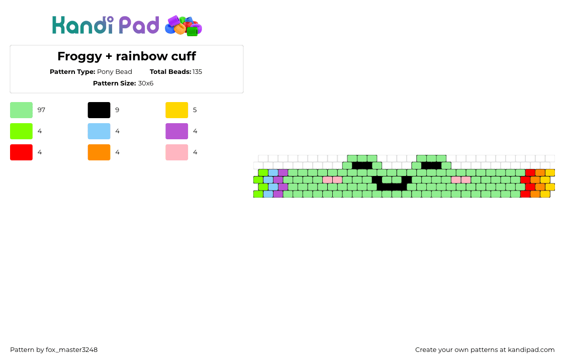 Froggy + rainbow cuff - Pony Bead Pattern by fox_master3248 on Kandi Pad - frog,amphibian,colorful,cute,cuff,smile,animal,green