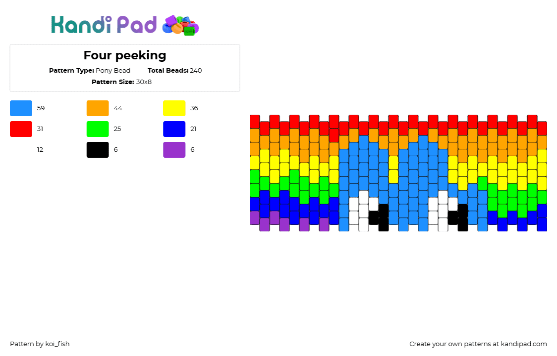 Four peeking - Pony Bead Pattern by koi_fish on Kandi Pad - four,bfdi,battle for dream island,rainbow,animation,tv show,cuff,colorful,light blue,orange