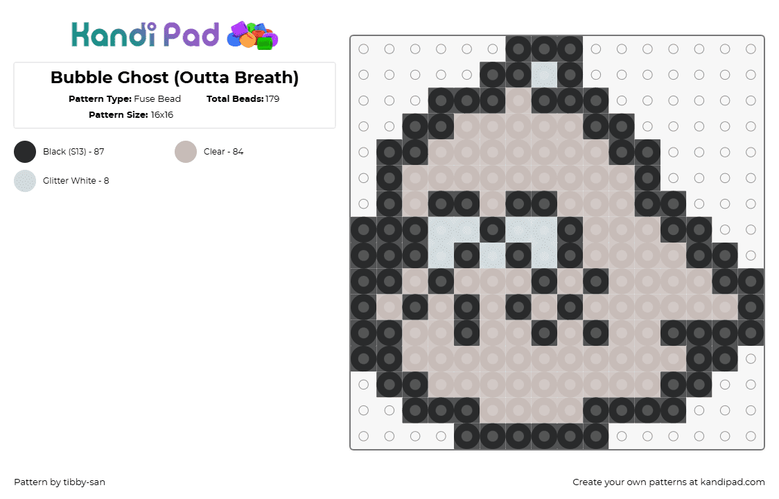 Bubble Ghost (Outta Breath) - Fuse Bead Pattern by tibby-san on Kandi Pad - bubble ghost,atari,retro,character,charm,video game,classic,gray,black