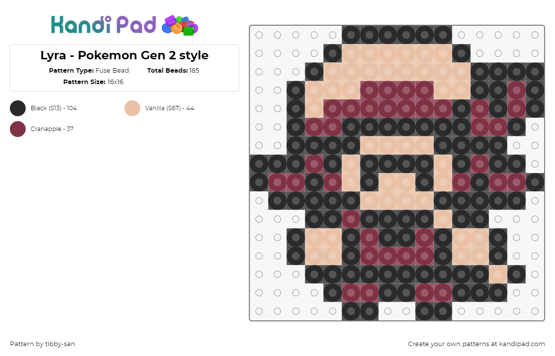 Lyra - Pokemon Gen 2 style - Fuse Bead Pattern by tibby-san on Kandi Pad - lyra,pokemon,trainer,character,gaming,tan,red