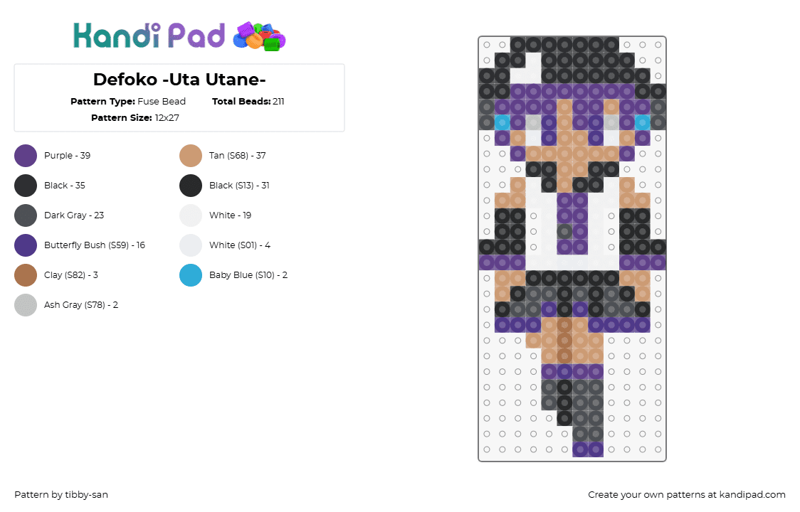 Defoko -Uta Utane- - Fuse Bead Pattern by tibby-san on Kandi Pad - defoko,uta utane,vocaloid,music,character,purple,tan,black