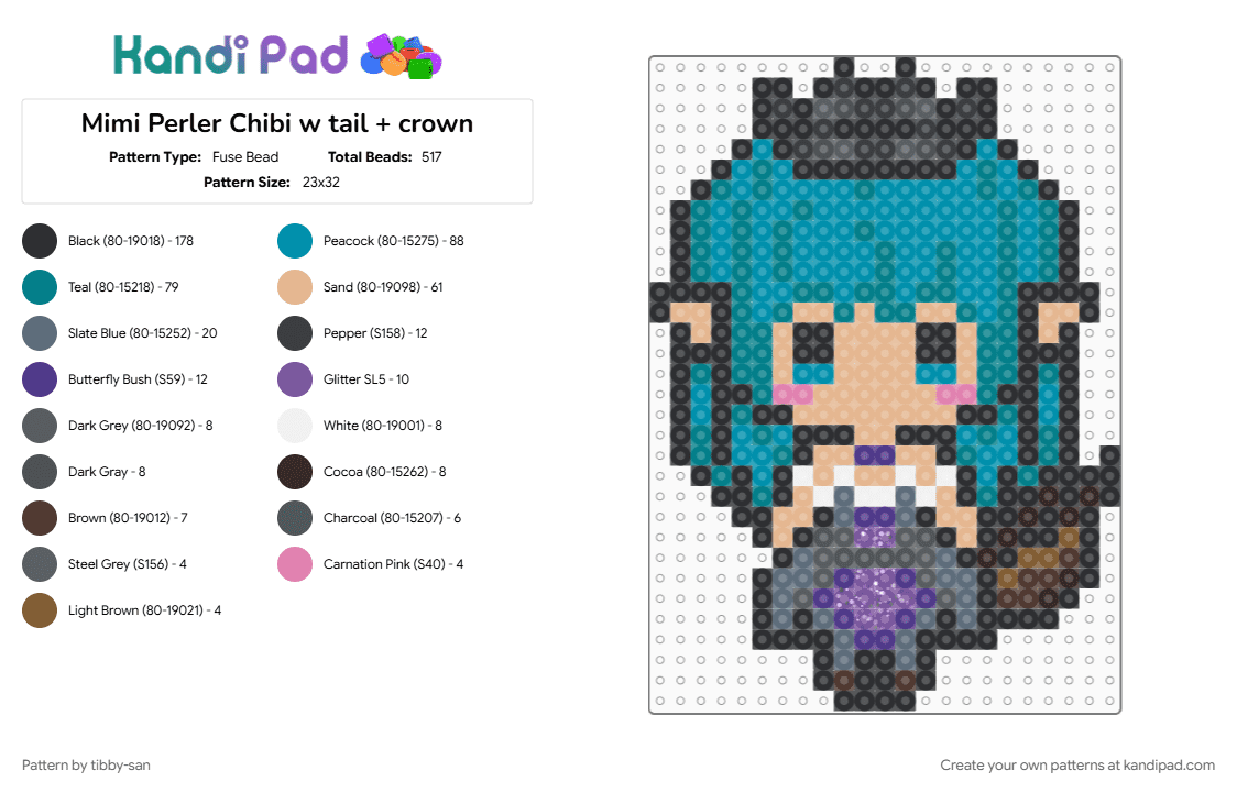 Mimi Perler Chibi w tail + crown - Fuse Bead Pattern by tibby-san on Kandi Pad - beige, teal