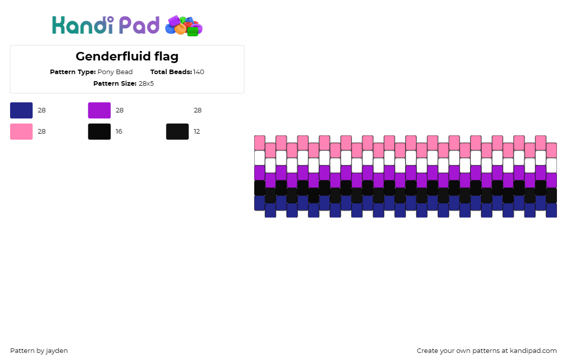 Genderfluid flag - Pony Bead Pattern by jayden on Kandi Pad - gender fluid,pride,flag,horizontal,stripes,cuff,community,pink,purple