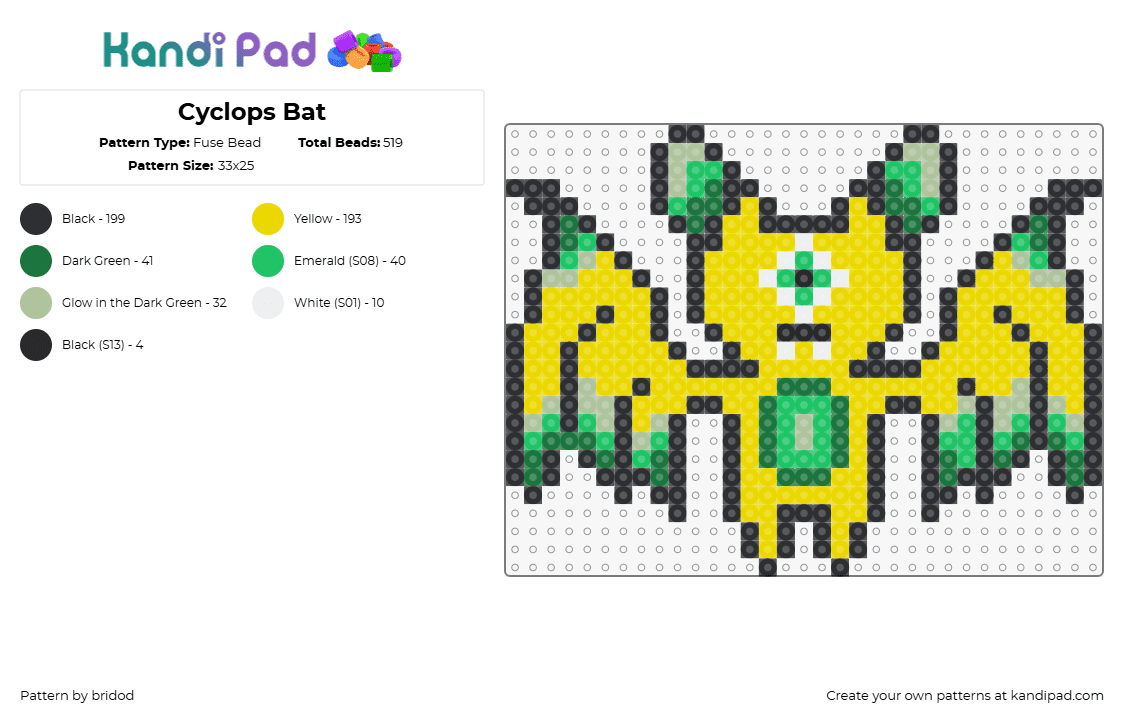 Cyclops Bat - Fuse Bead Pattern by bridod on Kandi Pad - bat,cyclops,subtronics,dj,music,edm,cute,animal,winged,spooky,halloween,yellow,green