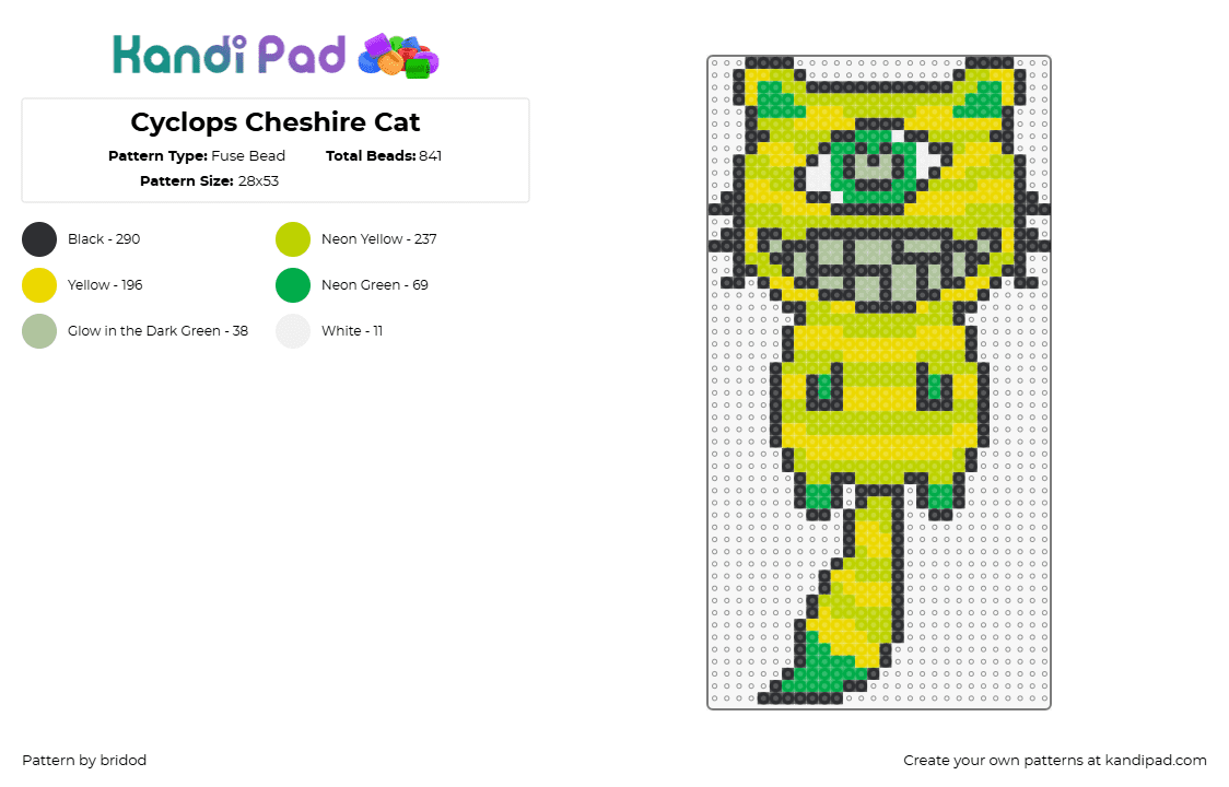 Cyclops Cheshire Cat - Fuse Bead Pattern by bridod on Kandi Pad - cheshire cat,cyclops,subtronics,animal,trippy,eye,smile,teeth,character,music,yellow,green