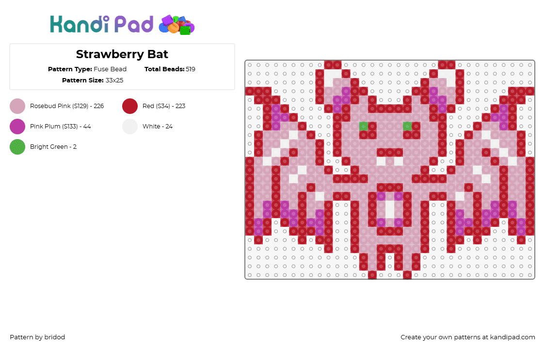 Strawberry Bat - Fuse Bead Pattern by bridod on Kandi Pad - bat,strawberry,cute,animal,winged,spooky,halloween,pink,red