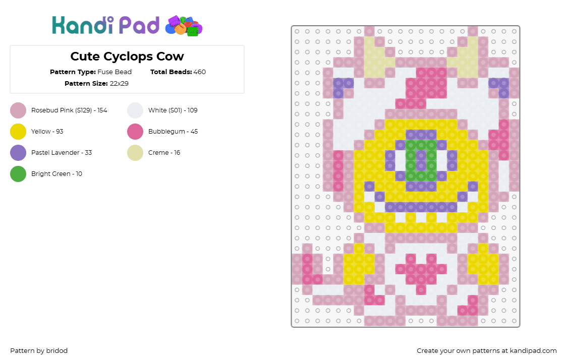 Cute Cyclops Cow - Fuse Bead Pattern by bridod on Kandi Pad - cyclops,cow,costume,cute,subtronics,character,yellow,pink,white