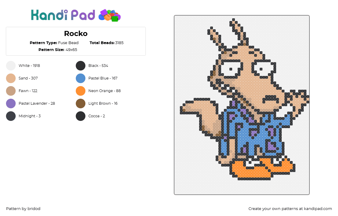 Rocko - Fuse Bead Pattern by bridod on Kandi Pad - rocko,rockos modern life,character,cartoon,tv show,tan,blue,orange