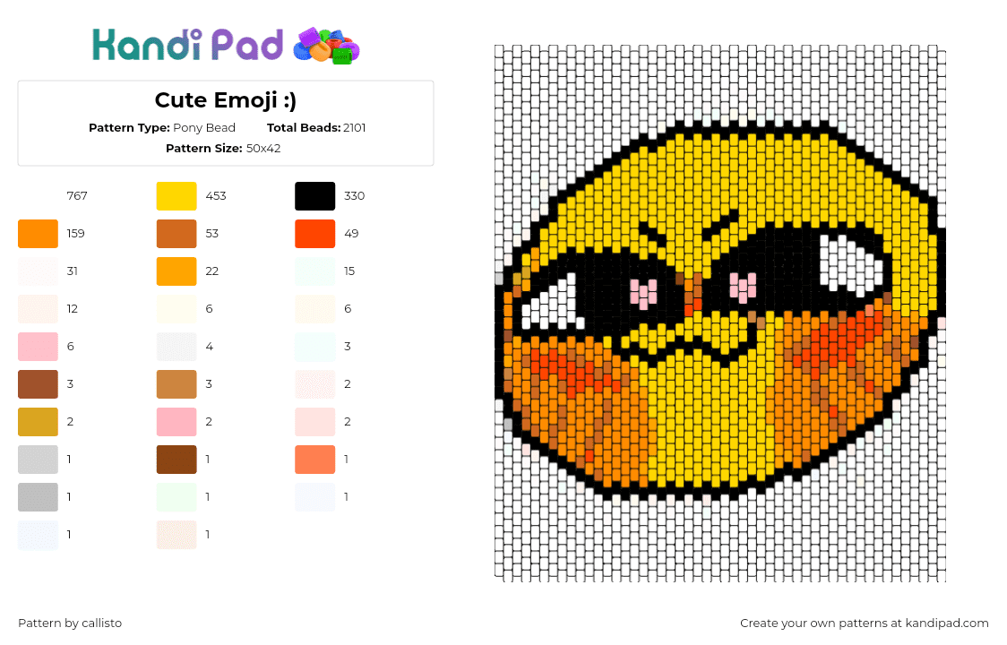 Cute Emoji :) - Pony Bead Pattern by callisto on Kandi Pad - emoji,smiley,cute,blush,face,yellow,orange