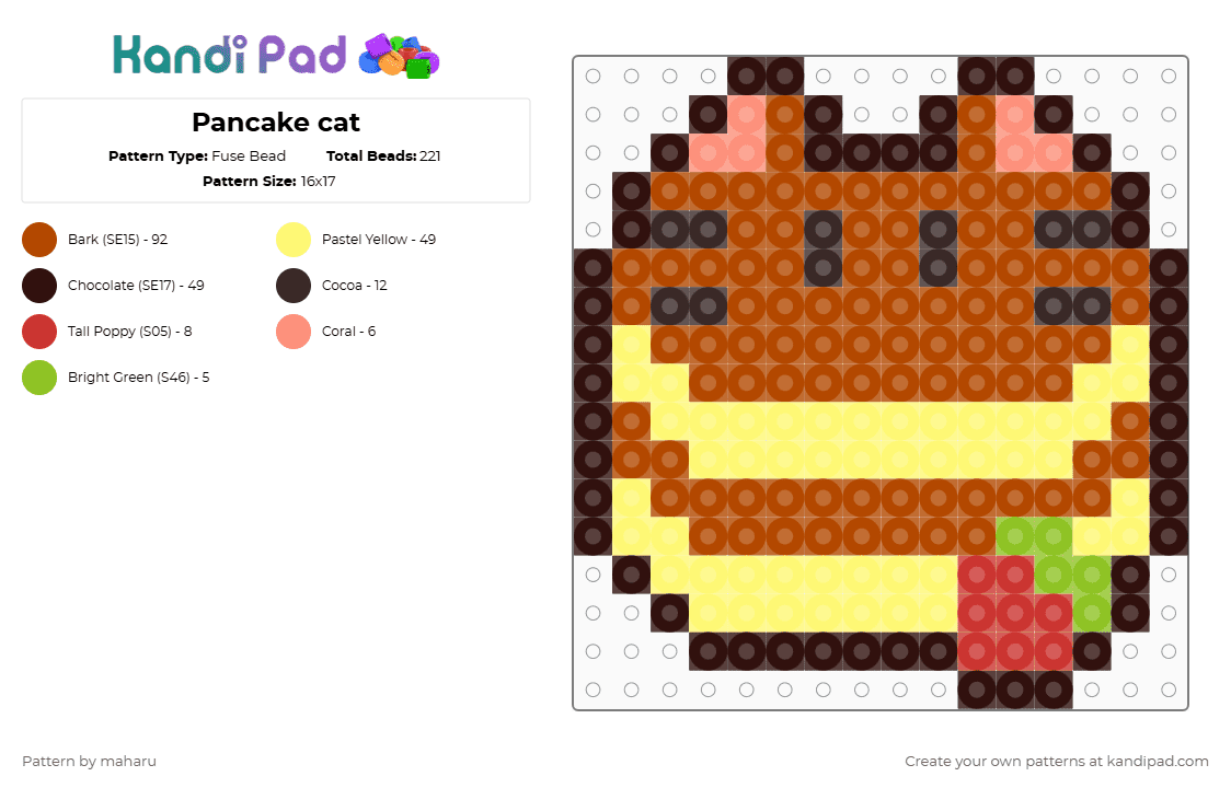 Pancake cat - Fuse Bead Pattern by maharu on Kandi Pad - yellow,red,brown