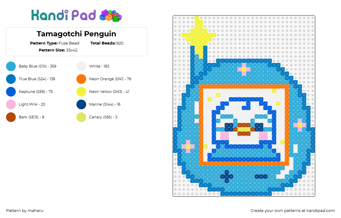 Tamagotchi Penguin - Fuse Bead Pattern by maharu on Kandi Pad - tamagotchi,penguin,toy,classic,retro,nostalgia,children,blue,light blue,white