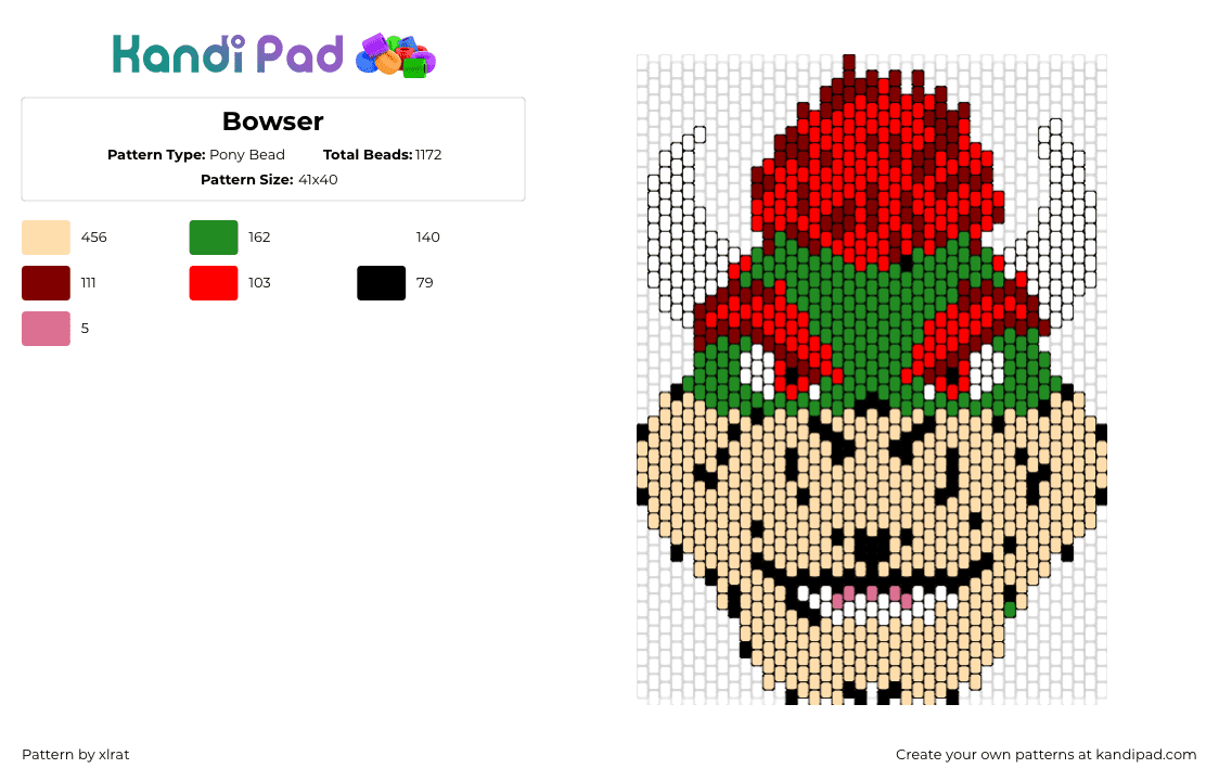 Bowser - Pony Bead Pattern by xlrat on Kandi Pad - bowser,mario,nintendo,villain,character,head,red,green,tan