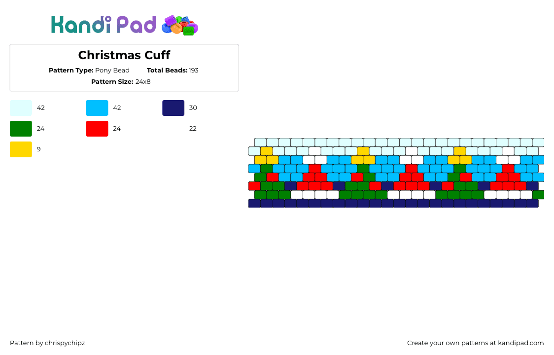 Christmas Cuff - Pony Bead Pattern by chrispychipz on Kandi Pad - christmas,tree,hat,repeating,festive,cuff,green,red,light blue