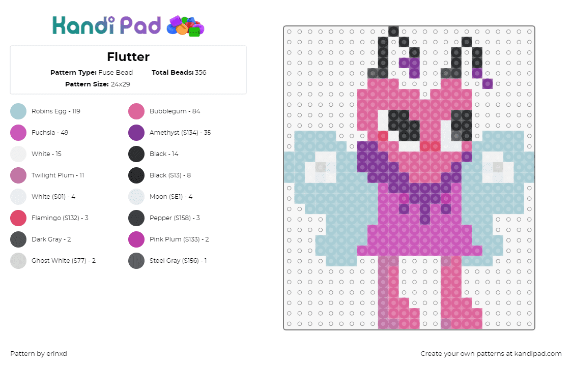 Flutter - Fuse Bead Pattern by erinxd on Kandi Pad - flutter,dandys world,character,cideo game,butterfly,winged,pink,light blue