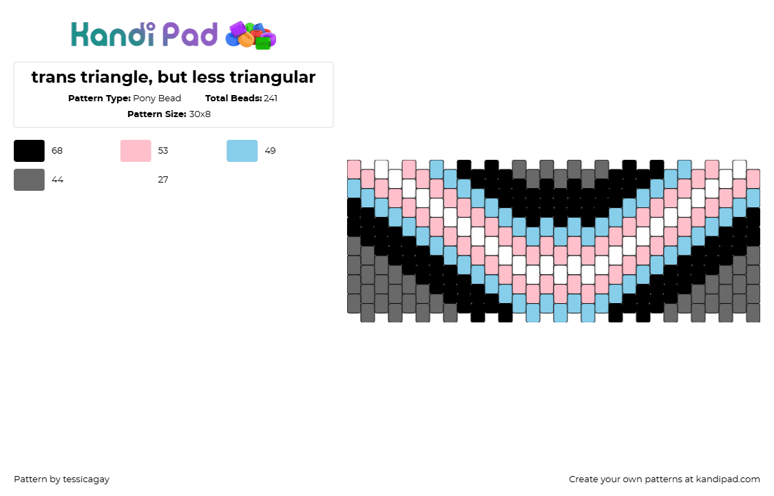 trans triangle, but less triangular - Pony Bead Pattern by tessicagay on Kandi Pad - trans,pride,chevron,stripes,cuff,gray,black,light blue,pink