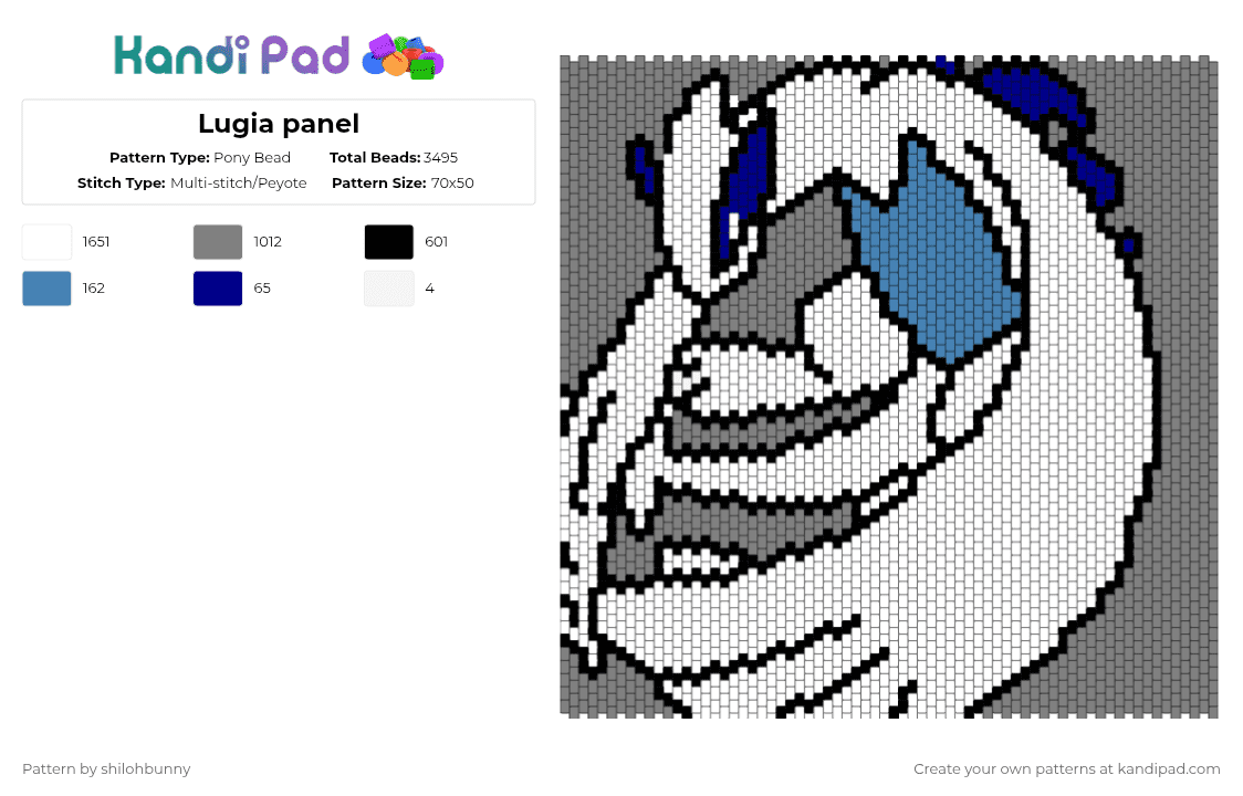 Lugia panel - Pony Bead Pattern by shilohbunny on Kandi Pad - white,gray,lugia,pokemon,panel