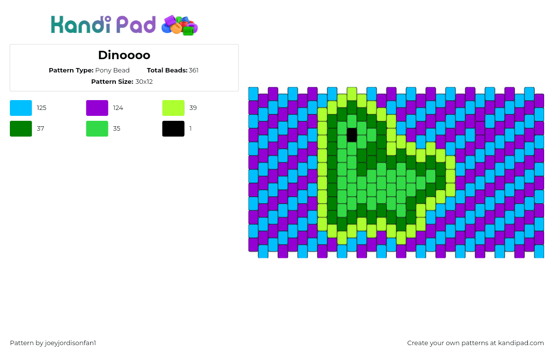 Dinoooo - Pony Bead Pattern by joeyjordisonfan1 on Kandi Pad - dinosaur,diagonal,stripes,cute,cuff,glow,green,purple,blue