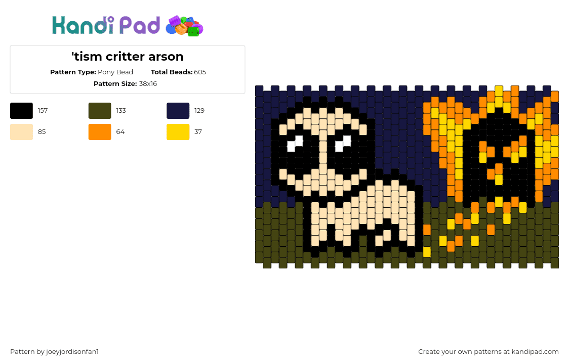 \'tism critter arson - Pony Bead Pattern by joeyjordisonfan1 on Kandi Pad - yippee,autism,fire,spooky,dark,blue,green,tan,orange