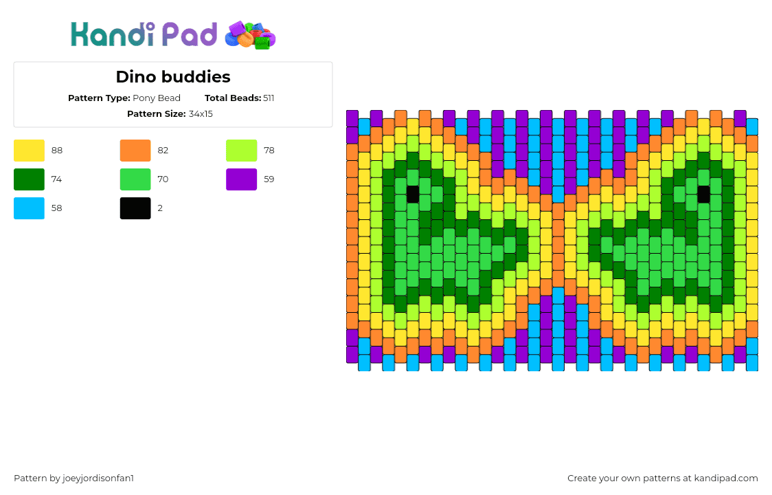 Dino buddies - Pony Bead Pattern by joeyjordisonfan1 on Kandi Pad - dinosaurs,glow,prehistoric,cute,stripes,cuff,green,purple,blue,yellow