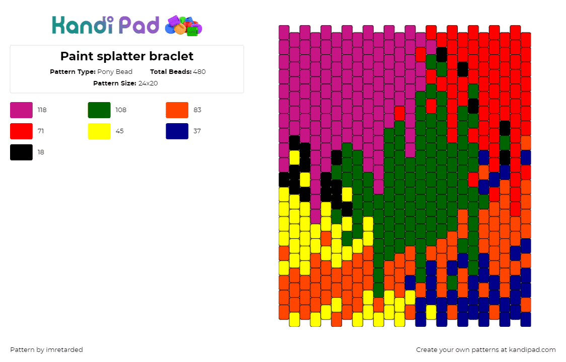 Paint splatter braclet - Pony Bead Pattern by imretarded on Kandi Pad - paint,random,colorful,panel,pink,green,orange