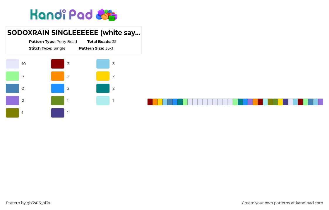 SODOXRAIN SINGLEEEEEE (white says \'sodoxrain\' and a heart at the single white) - Pony Bead Pattern by s4turn_m0ss on Kandi Pad - ghostband, kandi, light blue, purple, red, ship, teal