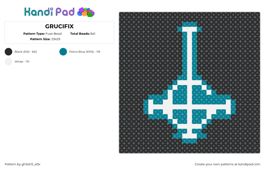 GRUCIFIX - Fuse Bead Pattern by s4turn_m0ss on Kandi Pad - grucifix,ghost,logo,symbol,band,music,black,teal,white