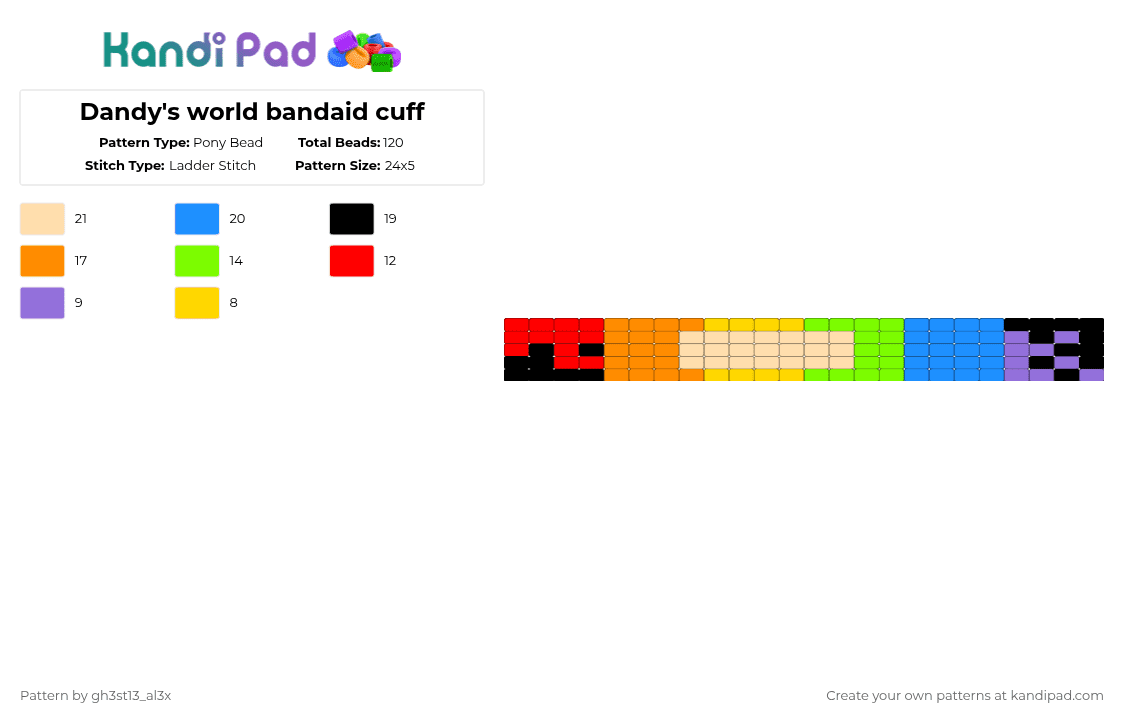 Dandy\'s world bandaid cuff - Pony Bead Pattern by s4turn_m0ss on Kandi Pad - orange,green,light blue,beige,dandys world,bandaid,red,yellow,purple