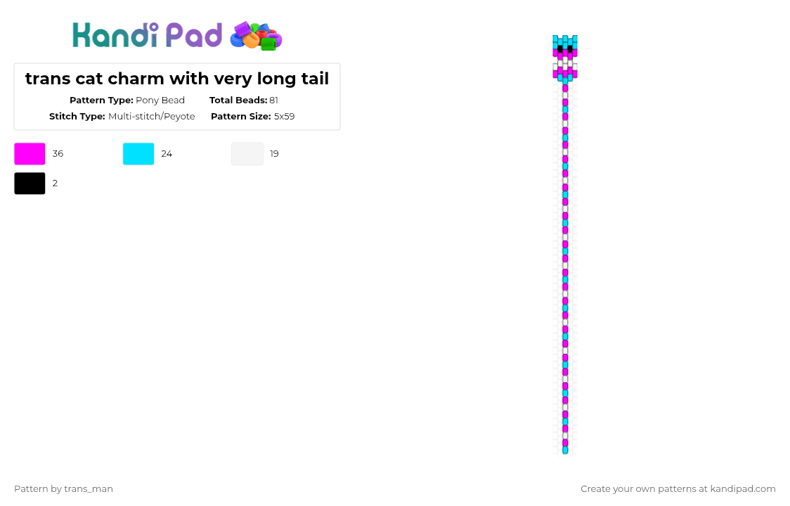 trans cat charm with very long tail - Pony Bead Pattern by trans_man on Kandi Pad - light blue, pink