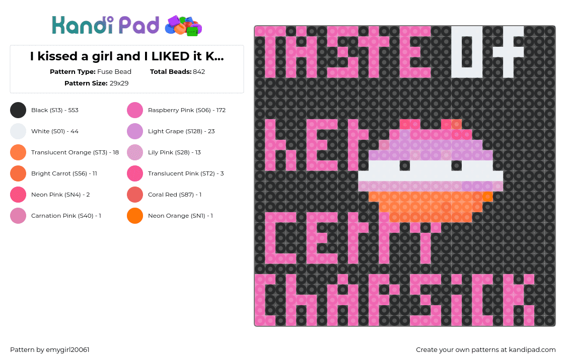 I kissed a girl and I LIKED it Katy Perry 2 - Fuse Bead Pattern by emygirl20061 on Kandi Pad - katy perry,lesbian,lips,song,music,text,panel,pink,black