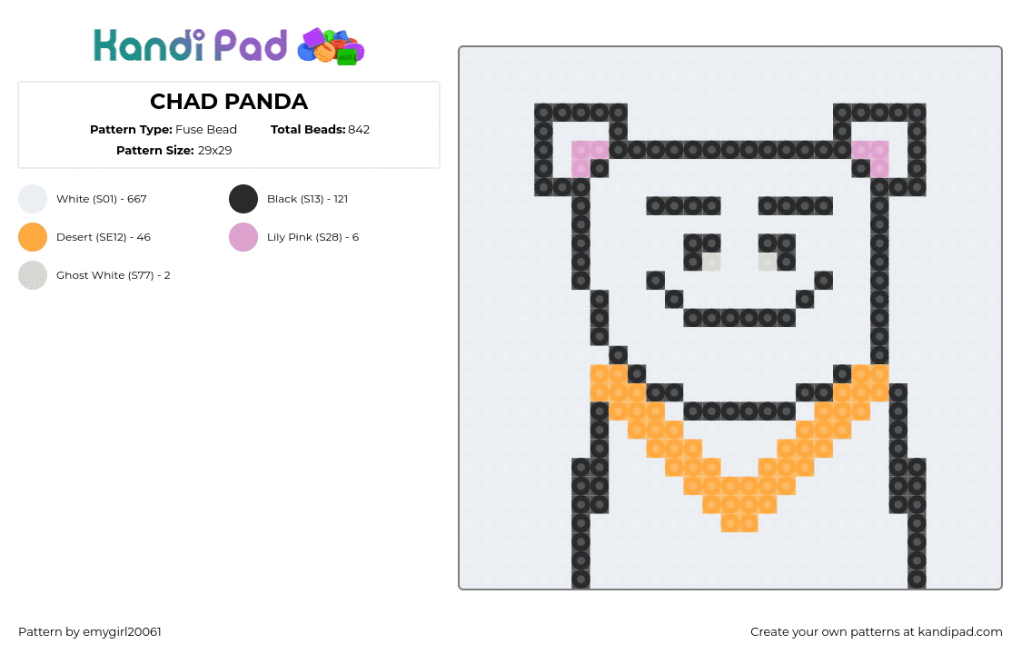 CHAD PANDA - Fuse Bead Pattern by emygirl20061 on Kandi Pad - panda,bear,bling,necklace,cool,nft,white,gold