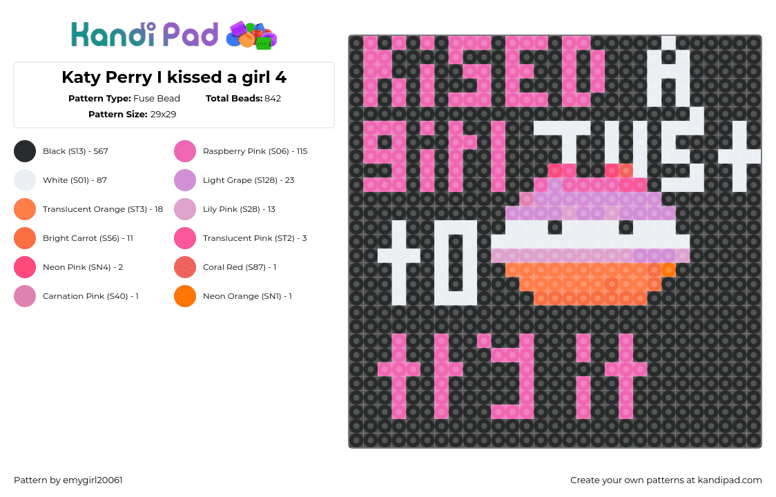 Katy Perry I kissed a girl 4 - Fuse Bead Pattern by emygirl20061 on Kandi Pad - katy perry,lesbian,lips,song,music,text,panel,pink,black,white