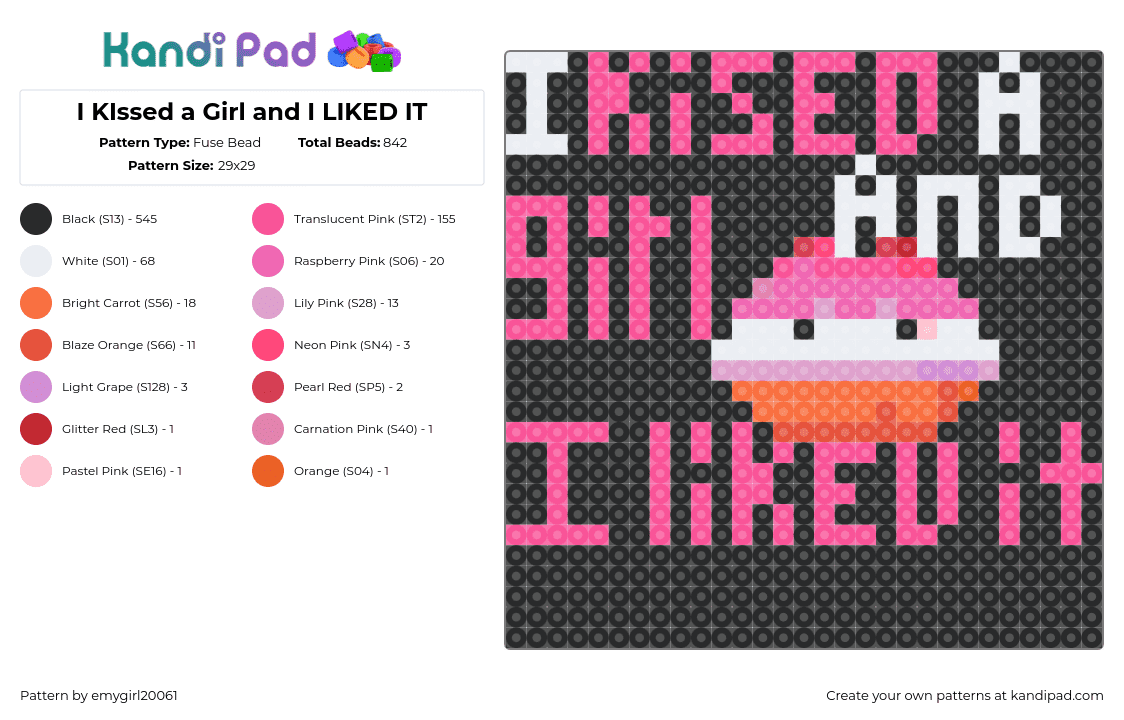 I KIssed a Girl and I LIKED IT - Fuse Bead Pattern by emygirl20061 on Kandi Pad - katy perry,lesbian,lips,song,music,text,panel,pink,black